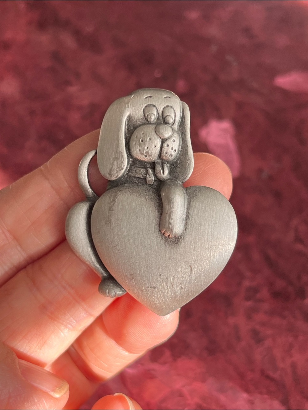 Vintage JJ Jonette Jewelry Puppy Dog Hugging Heart Pewter Brooch